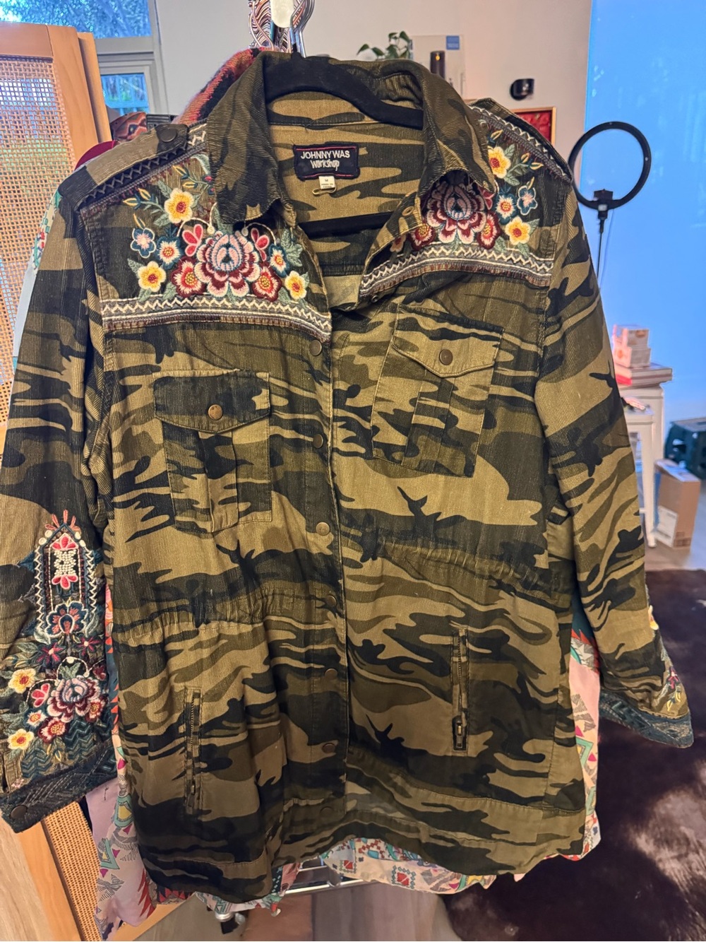 Johnny Was Olive Camo Embroidered corduroy Utility Jacket - MEDIUM